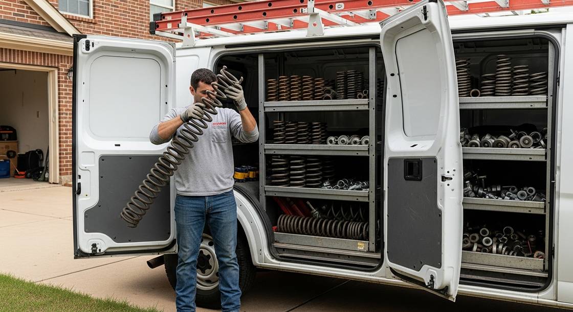 Technician lifting a torsion spring from the organized shelving of a service van in Sugar Land TX
