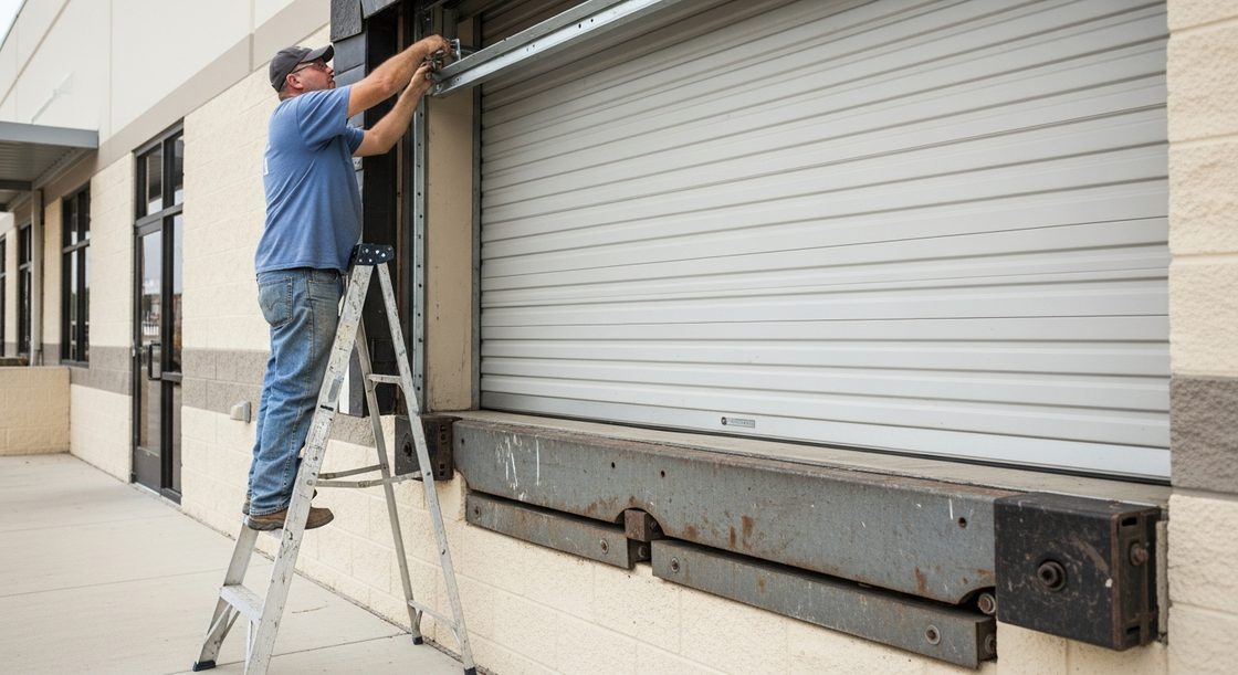 Technician servicing a rolling steel overhead door at a commercial loading bay in Sugar Land TX