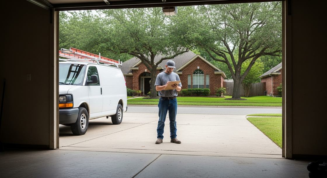 Garage door technician with a clipboard on a driveway beside a service van in Sugar Land TX