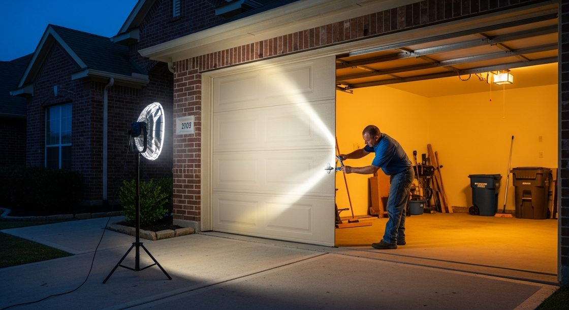 Technician repairing a garage door after dark under a portable work light on a driveway in Sugar Land TX