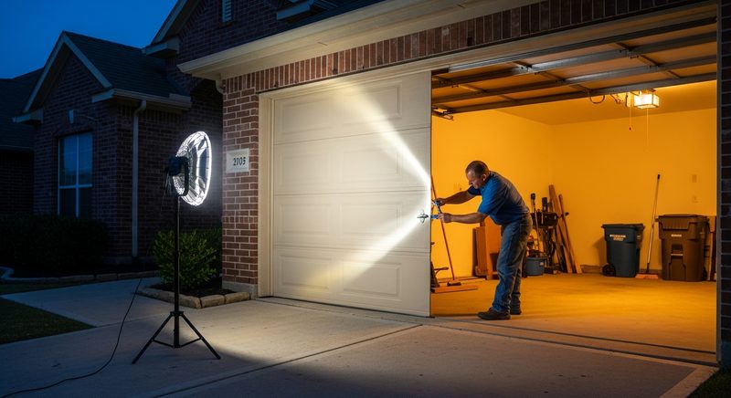 Technician working on a garage door at dusk lit by a portable LED work light on a driveway