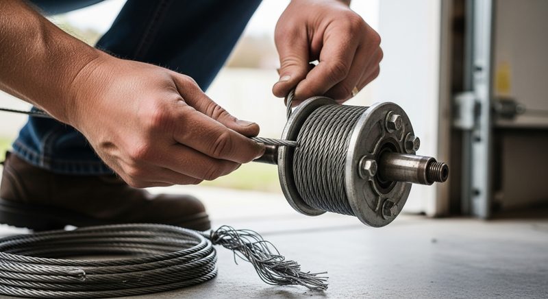 Close view of a technician seating a steel lift cable onto the cable drum of a garage door