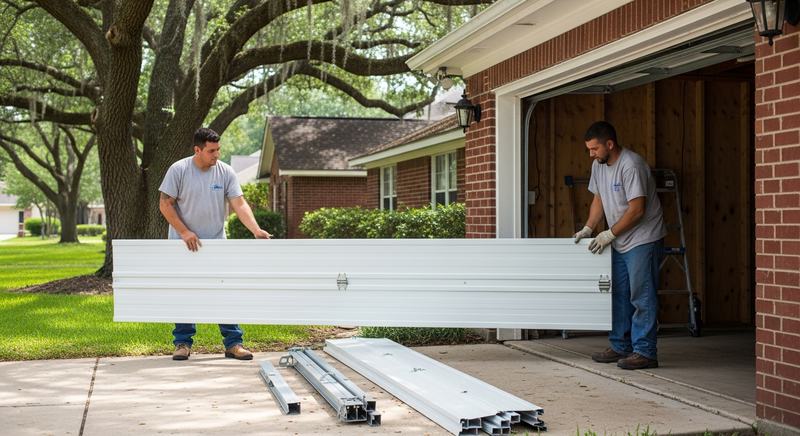 Two installers setting a new insulated steel garage door section into the opening of a brick house
