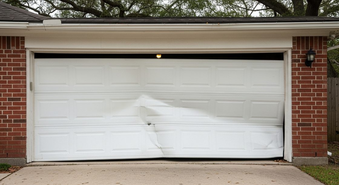 White sectional garage door jammed at an angle after coming off its track at a brick home in Sugar Land TX