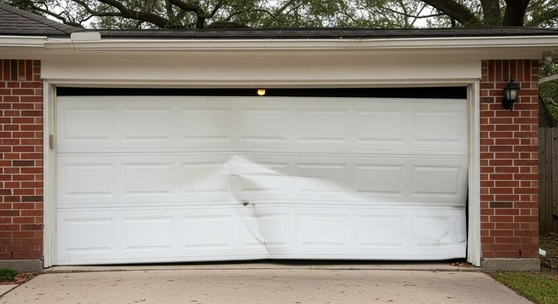 Sectional garage door hanging crooked after coming off its bent vertical track