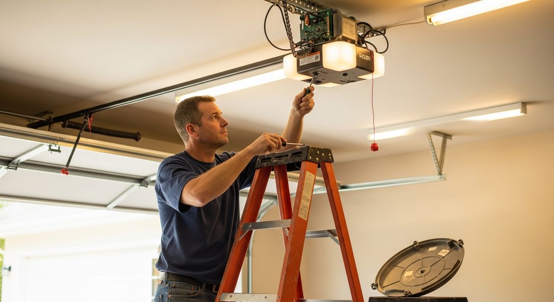 Technician on a ladder servicing a ceiling-mounted chain drive garage door opener in Sugar Land TX