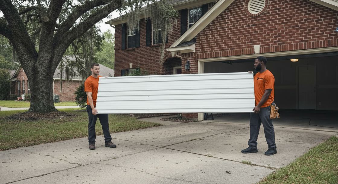 Two Oyster Creek Garage Door Co. technicians carrying a new garage door section past a rusted old one at a Sugar Land home