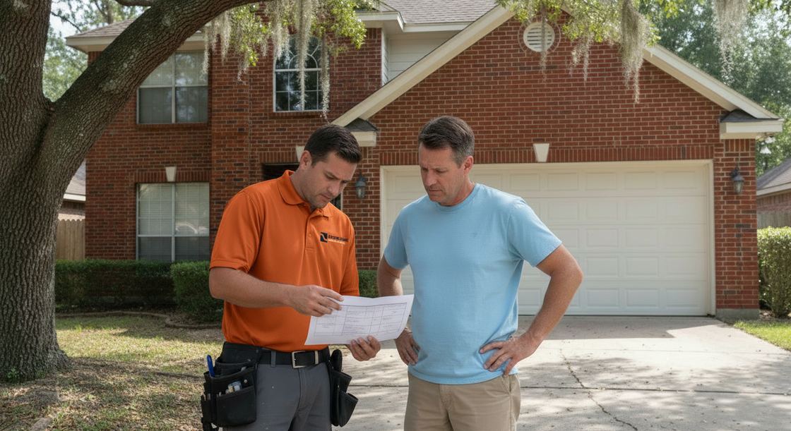 Oyster Creek Garage Door Co. technician going over a written estimate with a homeowner under a live oak in Sugar Land