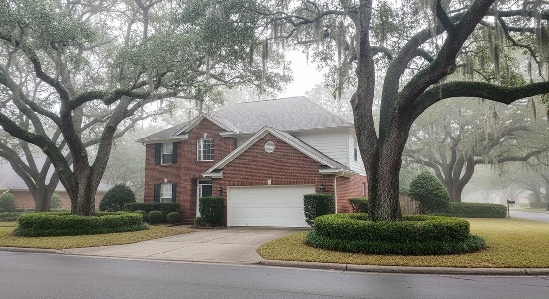 Red brick two-story home with a white double garage door on a landscaped boulevard in First Colony, Sugar Land