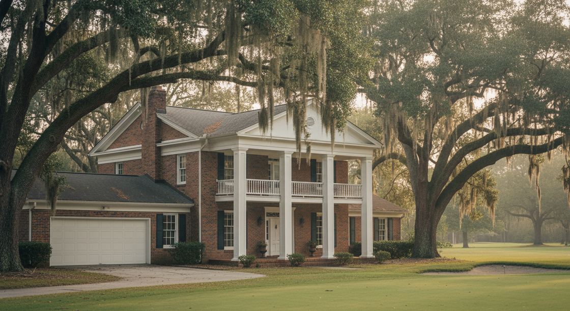 Traditional 1970s brick home with a garage door under mature trees on a golf course street in Sugar Creek, Sugar Land