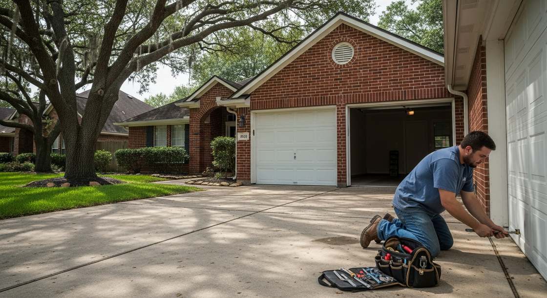 Garage door repair technician adjusting the bottom bracket on a white steel door at a brick home in Sugar Land TX