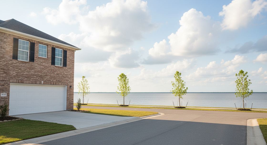 Newer brick two-story home with a white garage door beside a lake trail in Telfair, Sugar Land