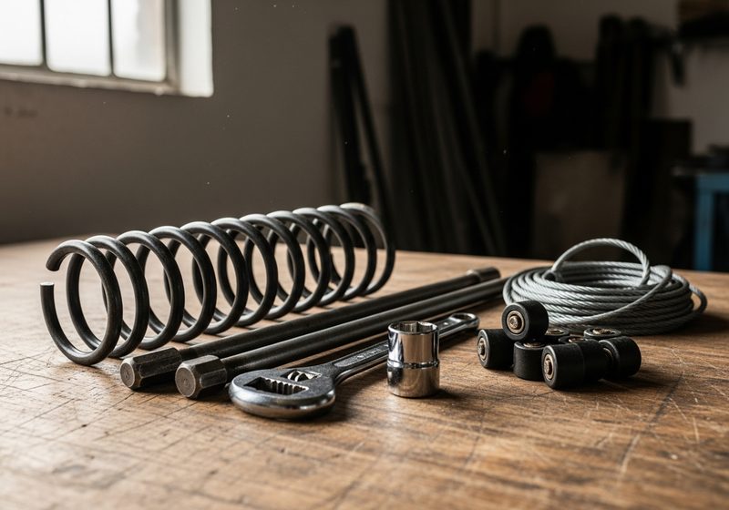 Garage door repair equipment on a workbench including a torsion spring, winding bars, rollers and steel cable