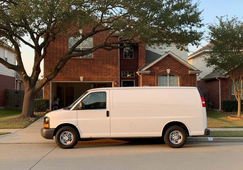 Service van parked at the curb of a two story brick home in Sugar Land with the garage door open