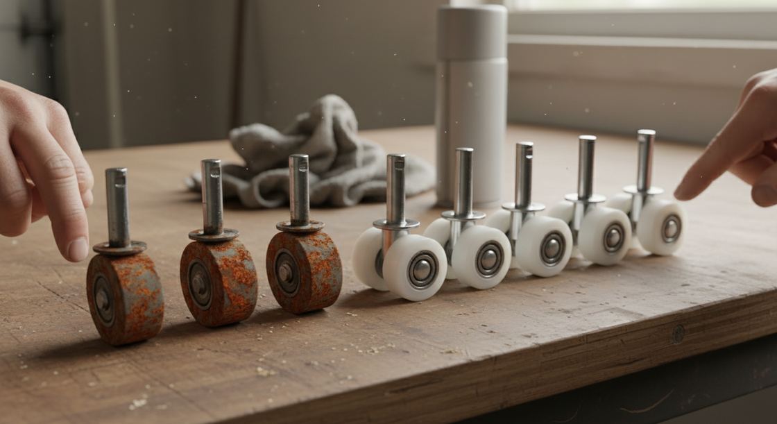 Corroded steel garage door rollers beside new sealed nylon rollers on a workbench in Sugar Land