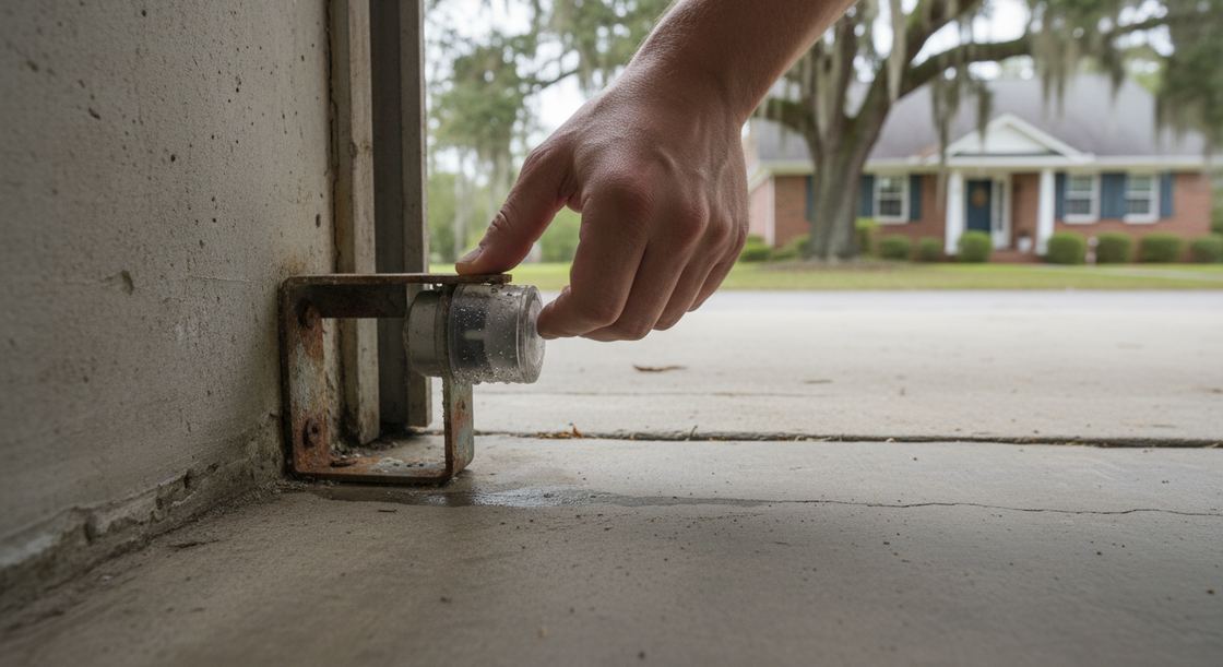 Garage door photo-eye sensor with a lightly rusted bracket near the floor of a humid Sugar Land garage