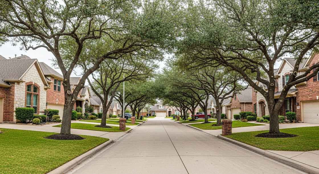 Tree-lined residential street of brick homes with two-car garage doors in Sugar Land TX