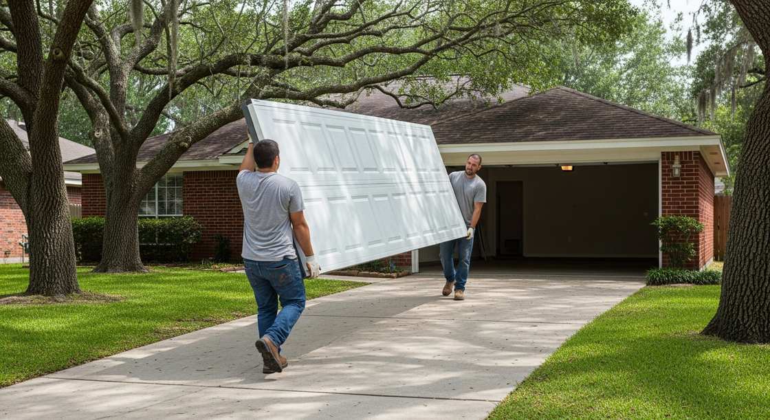 Two installers carrying a new steel garage door section up a driveway in Sugar Land TX
