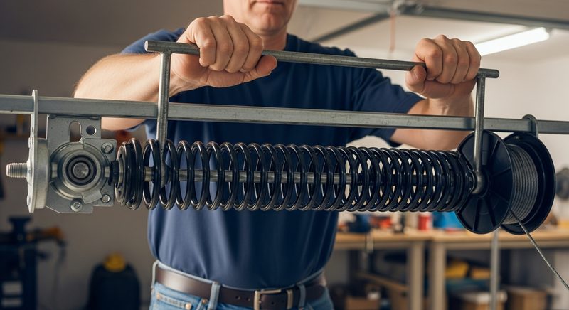 Technician using winding bars to tension a torsion spring above a garage door in Sugar Land TX
