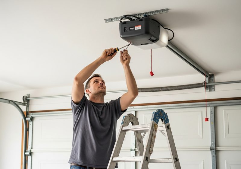 Technician working overhead on a commercial door operator from a step ladder