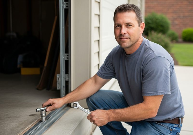 Garage door technician kneeling beside a door track with a socket wrench inside a residential garage