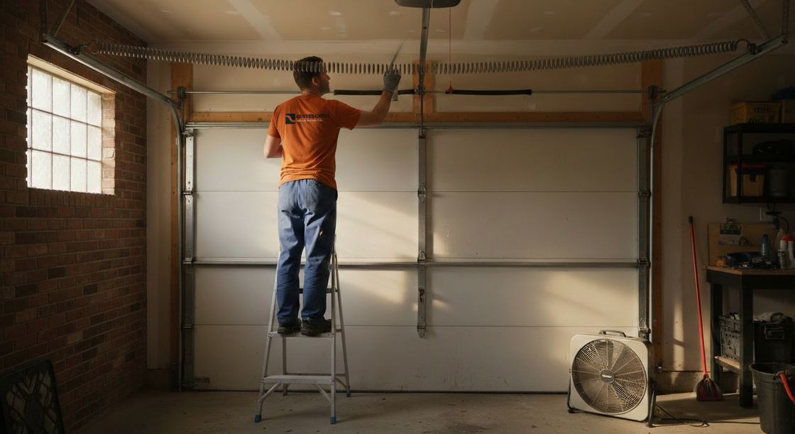 Oyster Creek Garage Door Co. technician lubricating the torsion spring above a garage door in a Sugar Land home