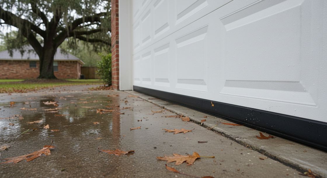 New rubber bottom seal on a closed garage door meeting a rain-wet driveway at a Sugar Land brick home