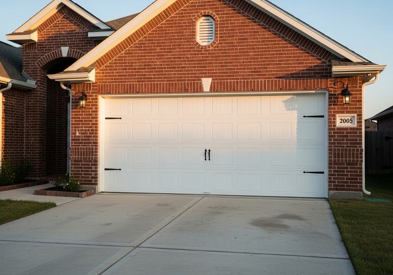 Newly installed white carriage house style garage door with black hardware on a brick home in Sugar Land TX